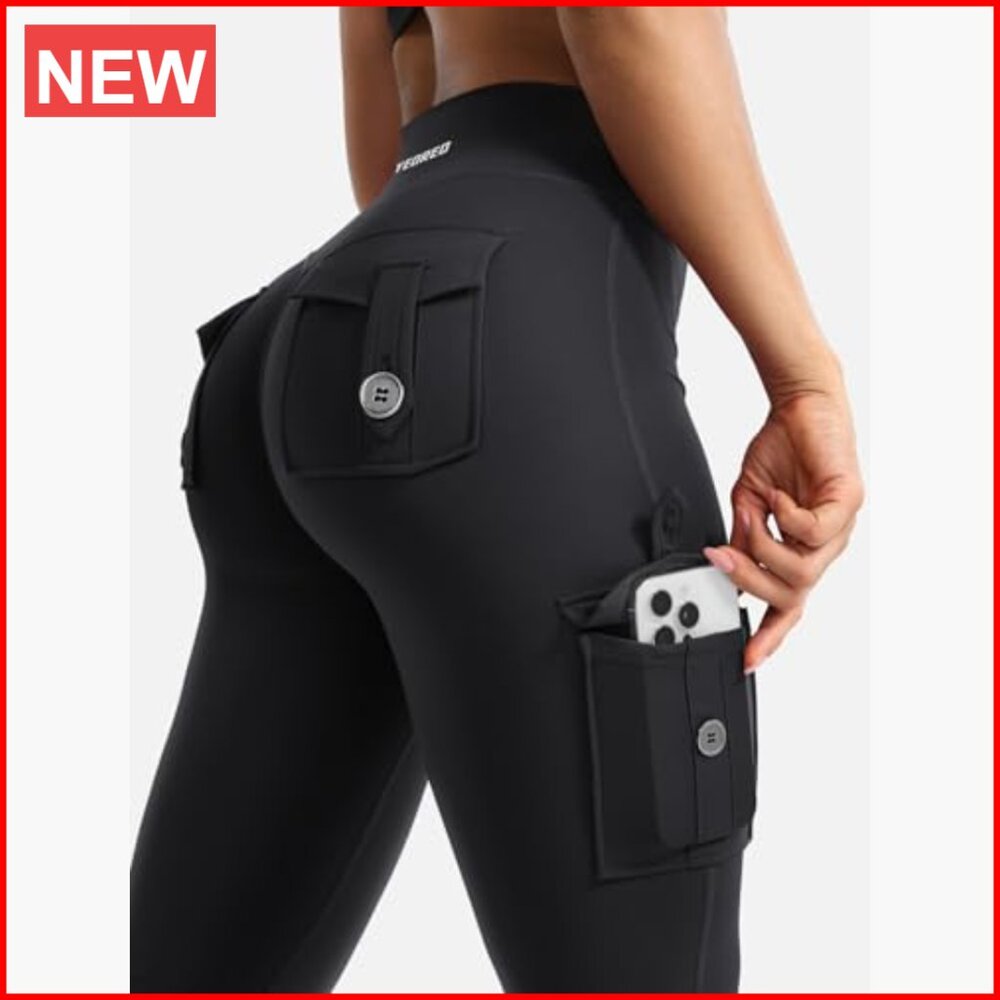 High Waisted Flare Leggings with Pockets Hidden Scrunch No Front Seam - Picture 2 of 7